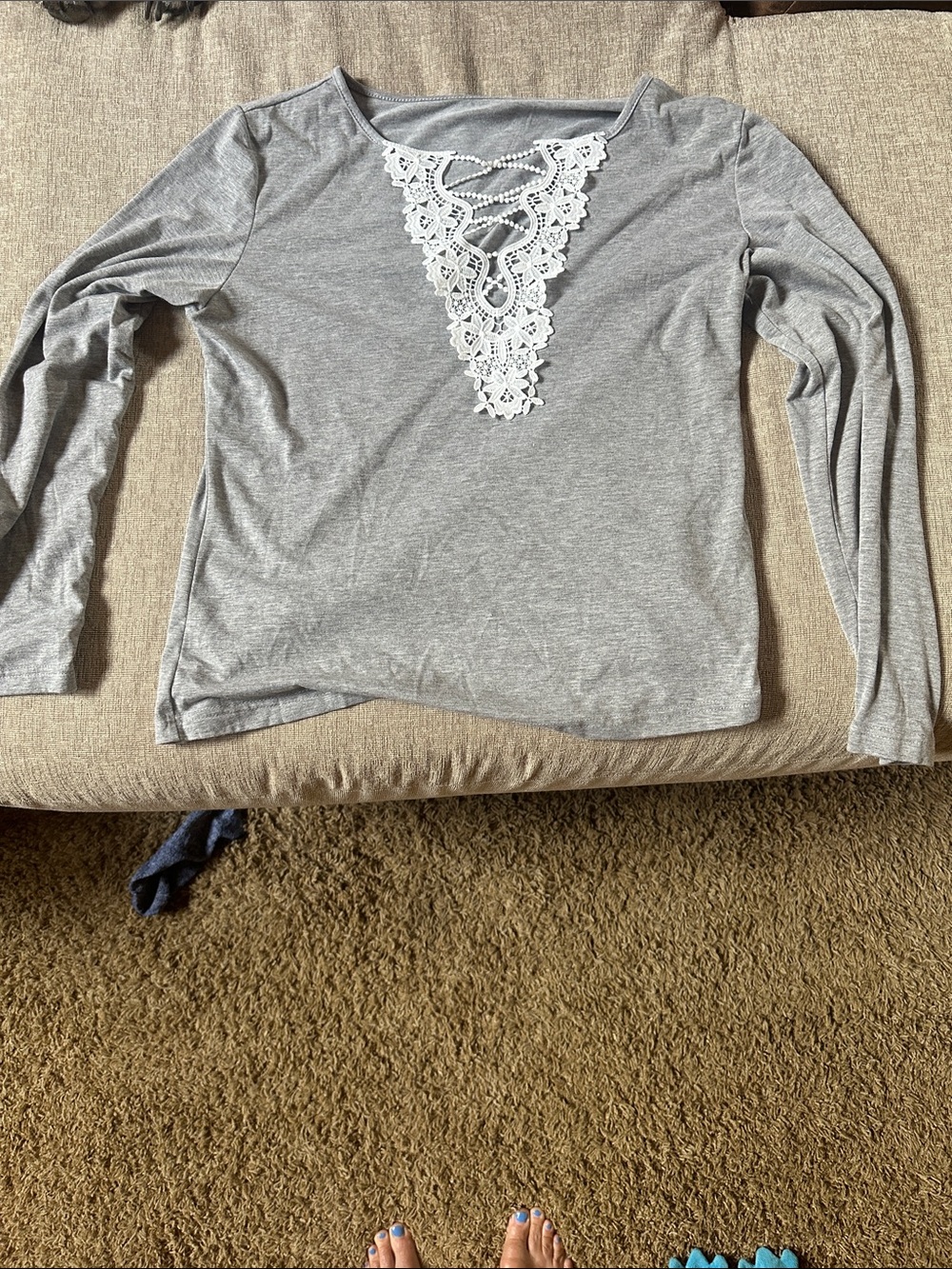 Women's Grey Long-Sleeve Top with White Lace V-Neck size medium